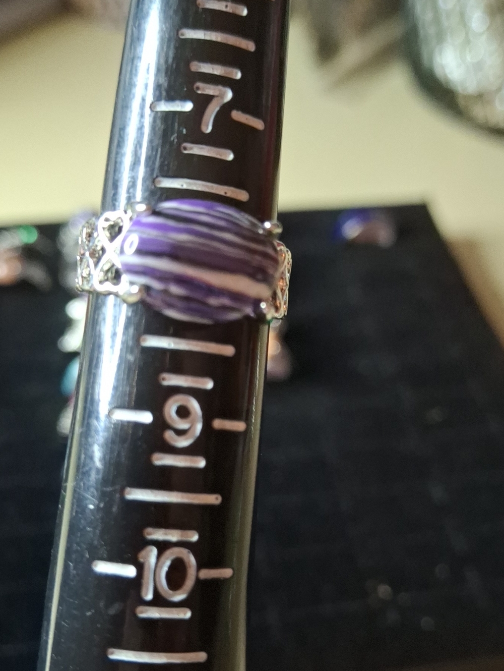 Purple Striped Glass Bead Ring with Silver Tone Band Sz 8
